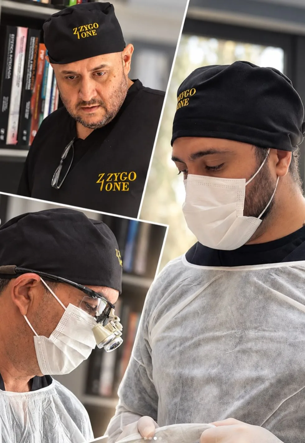 Mosaico de fotos de cirurgias com a equipe Miglioranza orientando dentistas no centro cirúrgico